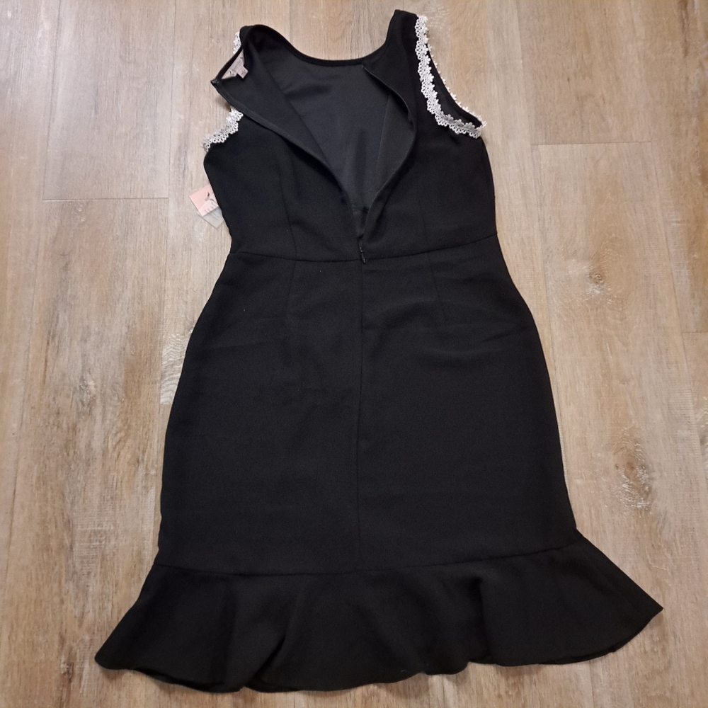 Nanette Lepore Black Ruffle Dress Sleeveless White Lace Trim Women's Size 6 - Picture 8 of 14